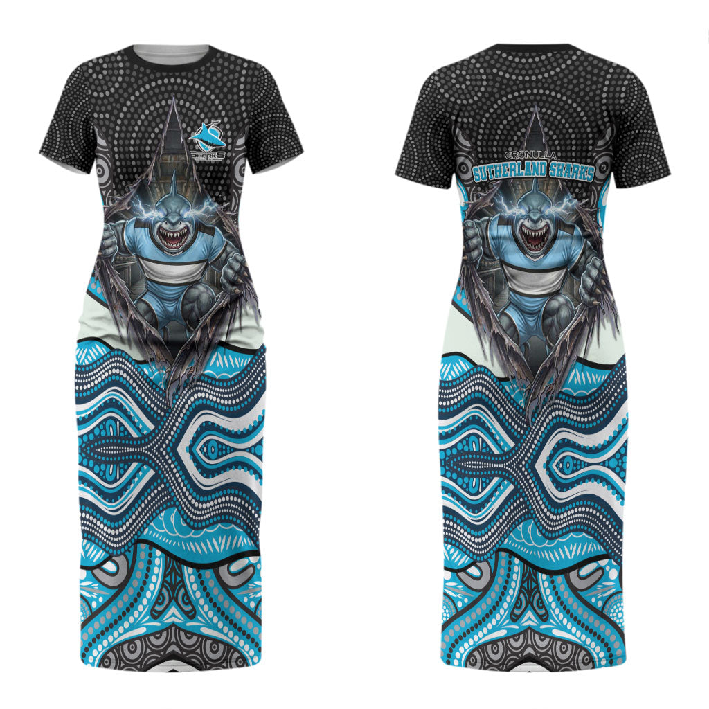 Cronulla Sutherland Sharks Couples Matching Short Sleeve Bodycon Dress and Hawaiian Shirt The Scream of Lightning Eyes - Indigenous Dot Ripping Effect