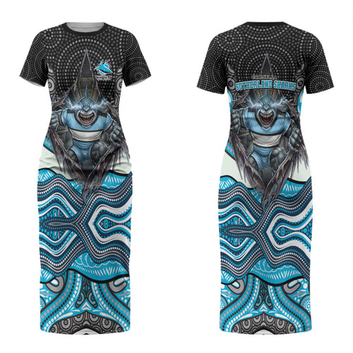 Cronulla Sutherland Sharks Couples Matching Short Sleeve Bodycon Dress and Hawaiian Shirt The Scream of Lightning Eyes - Indigenous Dot Ripping Effect