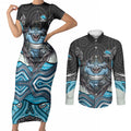 Cronulla Sutherland Sharks Couples Matching Short Sleeve Bodycon Dress and Long Sleeve Button Shirt The Scream of Lightning Eyes - Indigenous Dot Ripping Effect