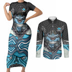 Cronulla Sutherland Sharks Couples Matching Short Sleeve Bodycon Dress and Long Sleeve Button Shirt The Scream of Lightning Eyes - Indigenous Dot Ripping Effect