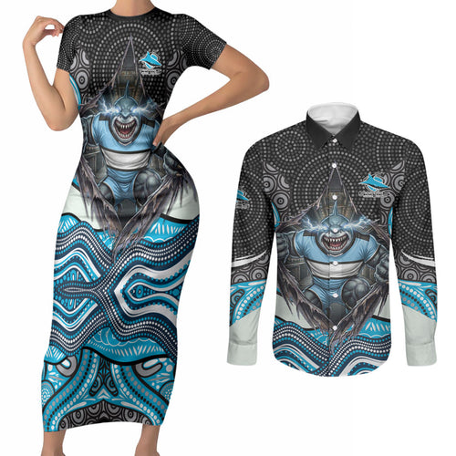 Cronulla Sutherland Sharks Couples Matching Short Sleeve Bodycon Dress and Long Sleeve Button Shirt The Scream of Lightning Eyes - Indigenous Dot Ripping Effect