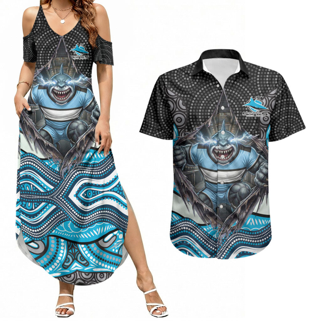 Cronulla Sutherland Sharks Couples Matching Summer Maxi Dress and Hawaiian Shirt The Scream of Lightning Eyes - Indigenous Dot Ripping Effect