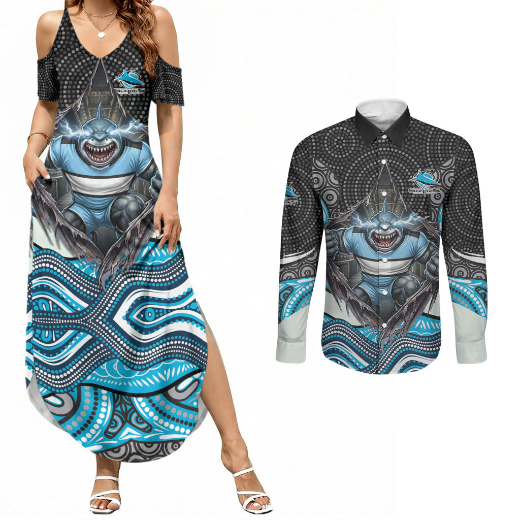 Cronulla Sutherland Sharks Couples Matching Summer Maxi Dress and Long Sleeve Button Shirt The Scream of Lightning Eyes - Indigenous Dot Ripping Effect