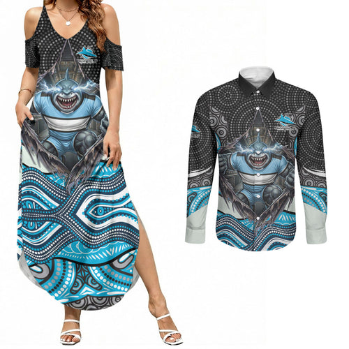 Cronulla Sutherland Sharks Couples Matching Summer Maxi Dress and Long Sleeve Button Shirt The Scream of Lightning Eyes - Indigenous Dot Ripping Effect