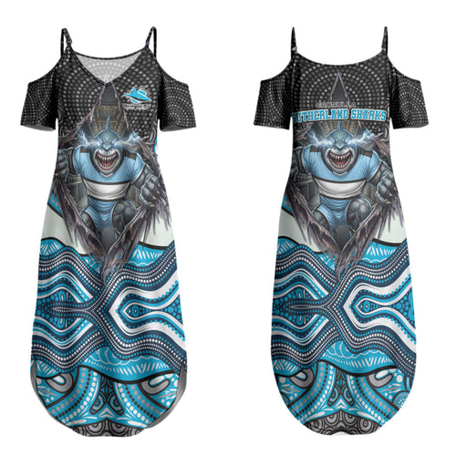Cronulla Sutherland Sharks Couples Matching Summer Maxi Dress and Long Sleeve Button Shirt The Scream of Lightning Eyes - Indigenous Dot Ripping Effect