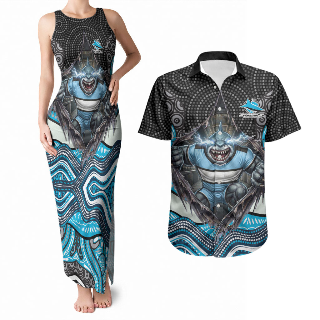 Cronulla Sutherland Sharks Couples Matching Tank Maxi Dress and Hawaiian Shirt The Scream of Lightning Eyes - Indigenous Dot Ripping Effect