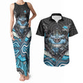 Cronulla Sutherland Sharks Couples Matching Tank Maxi Dress and Hawaiian Shirt The Scream of Lightning Eyes - Indigenous Dot Ripping Effect