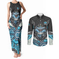 Cronulla Sutherland Sharks Couples Matching Tank Maxi Dress and Long Sleeve Button Shirt The Scream of Lightning Eyes - Indigenous Dot Ripping Effect