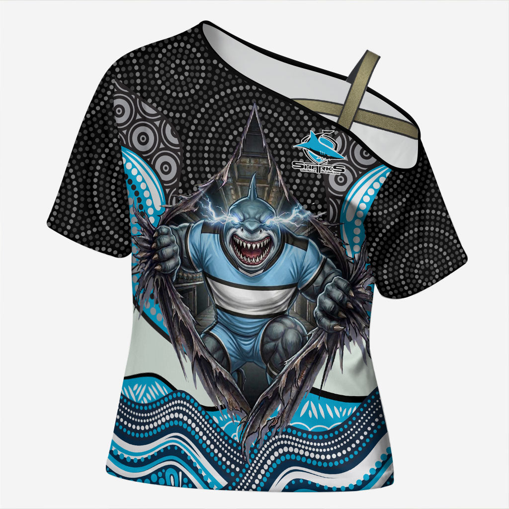 Cronulla Sutherland Sharks Cross Shoulder Shirt The Scream of Lightning Eyes - Indigenous Dot Ripping Effect