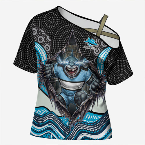 Cronulla Sutherland Sharks Cross Shoulder Shirt The Scream of Lightning Eyes - Indigenous Dot Ripping Effect