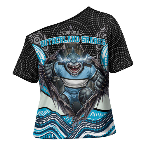 Cronulla Sutherland Sharks Cross Shoulder Shirt The Scream of Lightning Eyes - Indigenous Dot Ripping Effect