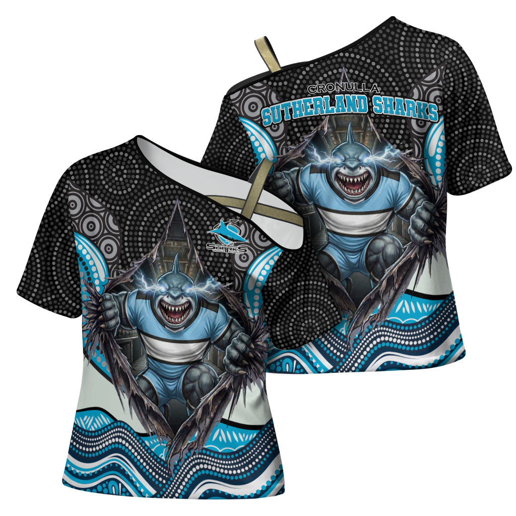 Cronulla Sutherland Sharks Cross Shoulder Shirt The Scream of Lightning Eyes - Indigenous Dot Ripping Effect