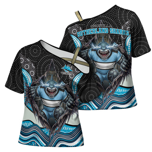 Cronulla Sutherland Sharks Cross Shoulder Shirt The Scream of Lightning Eyes - Indigenous Dot Ripping Effect