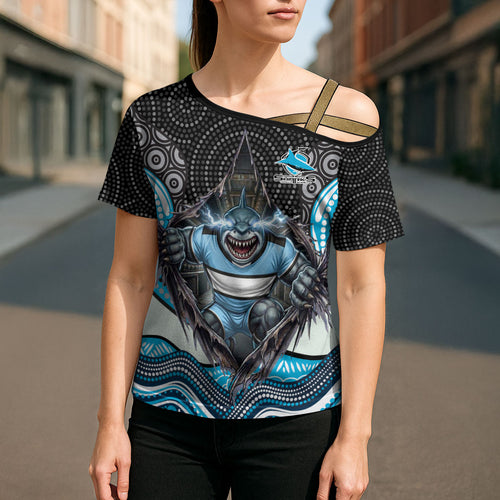 Cronulla Sutherland Sharks Cross Shoulder Shirt The Scream of Lightning Eyes - Indigenous Dot Ripping Effect