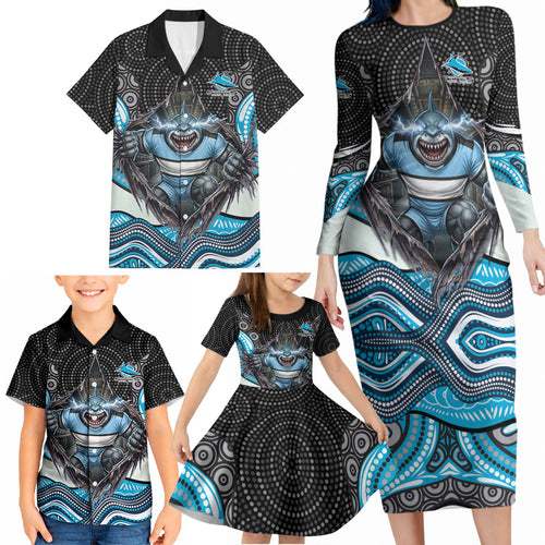 Cronulla Sutherland Sharks Family Matching Long Sleeve Bodycon Dress and Hawaiian Shirt The Scream of Lightning Eyes - Indigenous Dot Ripping Effect