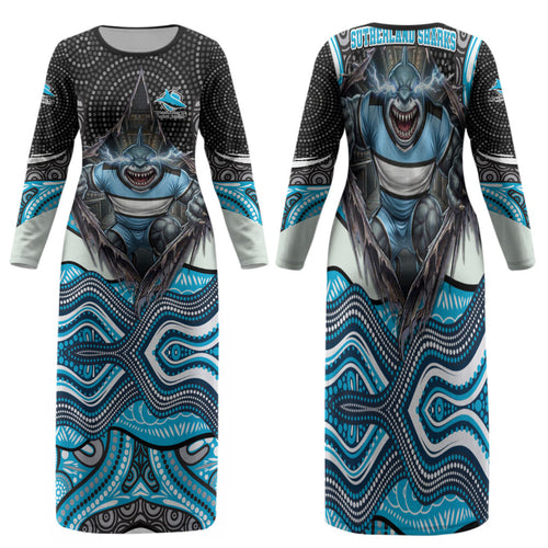 Cronulla Sutherland Sharks Family Matching Long Sleeve Bodycon Dress and Hawaiian Shirt The Scream of Lightning Eyes - Indigenous Dot Ripping Effect