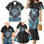 Cronulla Sutherland Sharks Family Matching Mermaid Dress and Hawaiian Shirt The Scream of Lightning Eyes - Indigenous Dot Ripping Effect