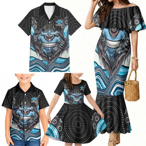 Cronulla Sutherland Sharks Family Matching Mermaid Dress and Hawaiian Shirt The Scream of Lightning Eyes - Indigenous Dot Ripping Effect