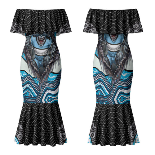 Cronulla Sutherland Sharks Family Matching Mermaid Dress and Hawaiian Shirt The Scream of Lightning Eyes - Indigenous Dot Ripping Effect