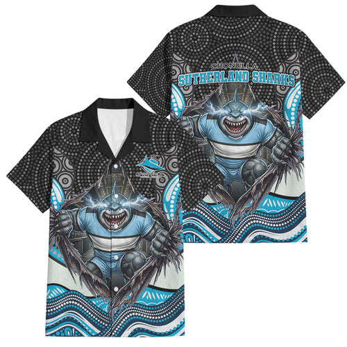 Cronulla Sutherland Sharks Family Matching Mermaid Dress and Hawaiian Shirt The Scream of Lightning Eyes - Indigenous Dot Ripping Effect