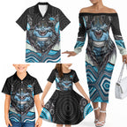 Cronulla Sutherland Sharks Family Matching Off The Shoulder Long Sleeve Dress and Hawaiian Shirt The Scream of Lightning Eyes - Indigenous Dot Ripping Effect