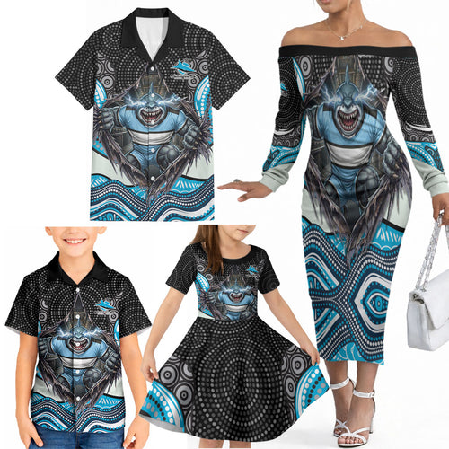 Cronulla Sutherland Sharks Family Matching Off The Shoulder Long Sleeve Dress and Hawaiian Shirt The Scream of Lightning Eyes - Indigenous Dot Ripping Effect