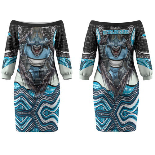 Cronulla Sutherland Sharks Family Matching Off The Shoulder Long Sleeve Dress and Hawaiian Shirt The Scream of Lightning Eyes - Indigenous Dot Ripping Effect