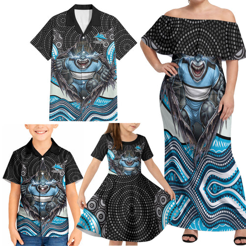 Cronulla Sutherland Sharks Family Matching Off Shoulder Maxi Dress and Hawaiian Shirt The Scream of Lightning Eyes - Indigenous Dot Ripping Effect