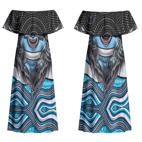 Cronulla Sutherland Sharks Family Matching Off Shoulder Maxi Dress and Hawaiian Shirt The Scream of Lightning Eyes - Indigenous Dot Ripping Effect