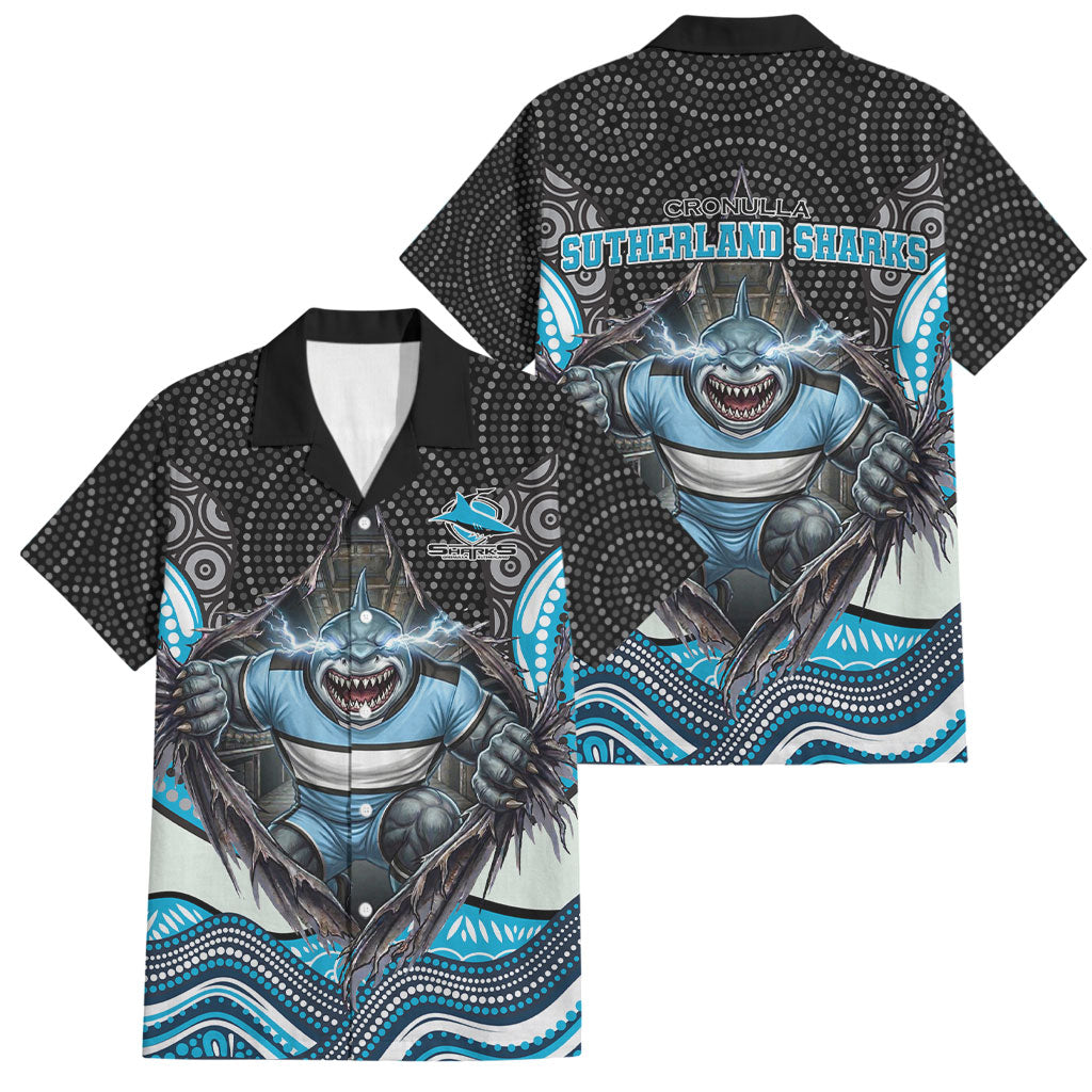 Cronulla Sutherland Sharks Family Matching Off Shoulder Maxi Dress and Hawaiian Shirt The Scream of Lightning Eyes - Indigenous Dot Ripping Effect