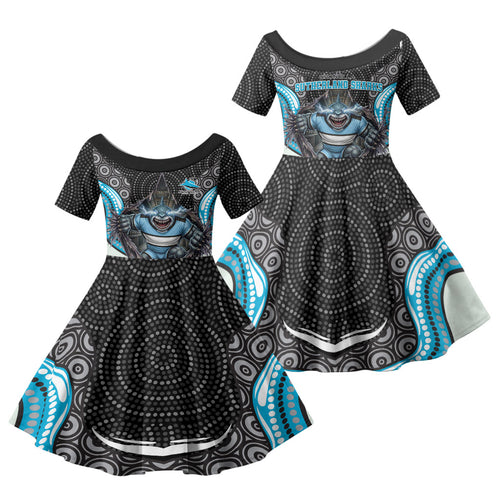 Cronulla Sutherland Sharks Family Matching Off Shoulder Maxi Dress and Hawaiian Shirt The Scream of Lightning Eyes - Indigenous Dot Ripping Effect