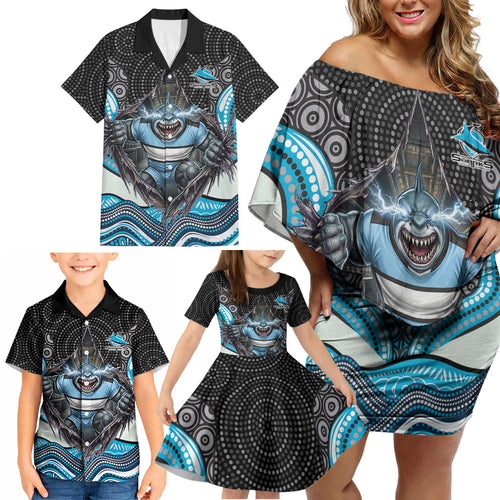 Cronulla Sutherland Sharks Family Matching Off Shoulder Short Dress and Hawaiian Shirt The Scream of Lightning Eyes - Indigenous Dot Ripping Effect