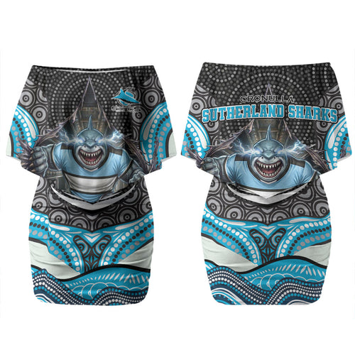 Cronulla Sutherland Sharks Family Matching Off Shoulder Short Dress and Hawaiian Shirt The Scream of Lightning Eyes - Indigenous Dot Ripping Effect