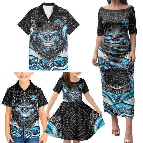 Cronulla Sutherland Sharks Family Matching Puletasi and Hawaiian Shirt The Scream of Lightning Eyes - Indigenous Dot Ripping Effect