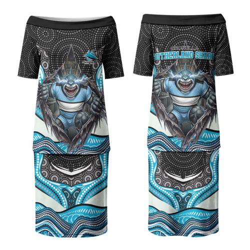 Cronulla Sutherland Sharks Family Matching Puletasi and Hawaiian Shirt The Scream of Lightning Eyes - Indigenous Dot Ripping Effect