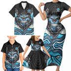 Cronulla Sutherland Sharks Family Matching Short Sleeve Bodycon Dress and Hawaiian Shirt The Scream of Lightning Eyes - Indigenous Dot Ripping Effect