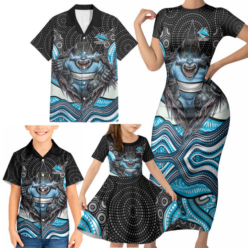 Cronulla Sutherland Sharks Family Matching Short Sleeve Bodycon Dress and Hawaiian Shirt The Scream of Lightning Eyes - Indigenous Dot Ripping Effect