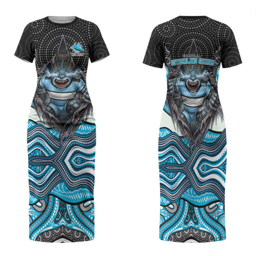 Cronulla Sutherland Sharks Family Matching Short Sleeve Bodycon Dress and Hawaiian Shirt The Scream of Lightning Eyes - Indigenous Dot Ripping Effect