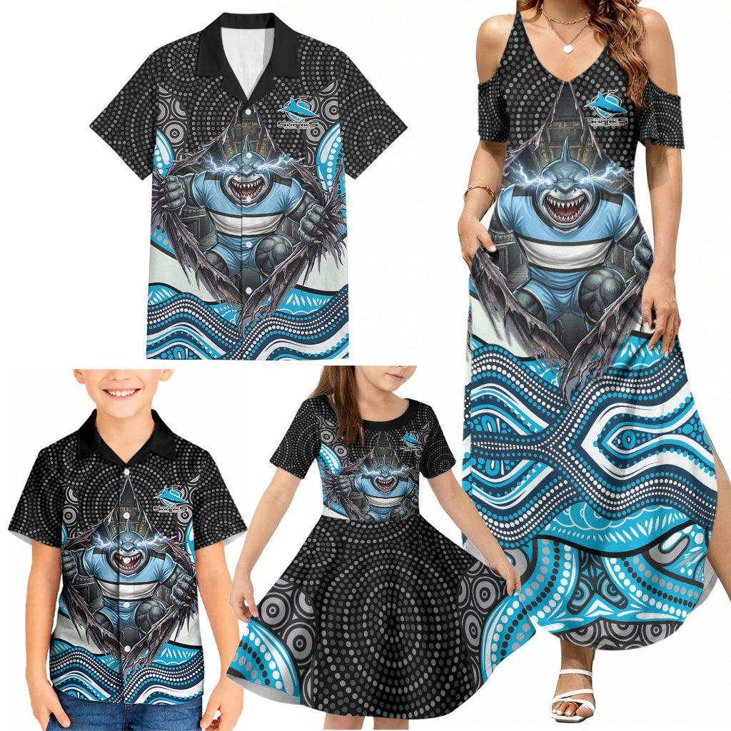 Cronulla Sutherland Sharks Family Matching Summer Maxi Dress and Hawaiian Shirt The Scream of Lightning Eyes - Indigenous Dot Ripping Effect
