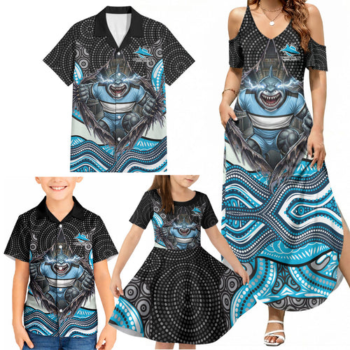 Cronulla Sutherland Sharks Family Matching Summer Maxi Dress and Hawaiian Shirt The Scream of Lightning Eyes - Indigenous Dot Ripping Effect