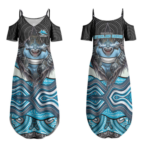 Cronulla Sutherland Sharks Family Matching Summer Maxi Dress and Hawaiian Shirt The Scream of Lightning Eyes - Indigenous Dot Ripping Effect