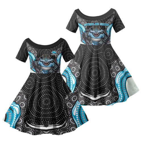 Cronulla Sutherland Sharks Family Matching Summer Maxi Dress and Hawaiian Shirt The Scream of Lightning Eyes - Indigenous Dot Ripping Effect