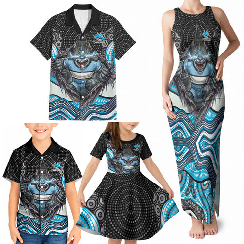 Cronulla Sutherland Sharks Family Matching Tank Maxi Dress and Hawaiian Shirt The Scream of Lightning Eyes - Indigenous Dot Ripping Effect