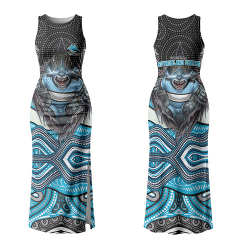 Cronulla Sutherland Sharks Family Matching Tank Maxi Dress and Hawaiian Shirt The Scream of Lightning Eyes - Indigenous Dot Ripping Effect
