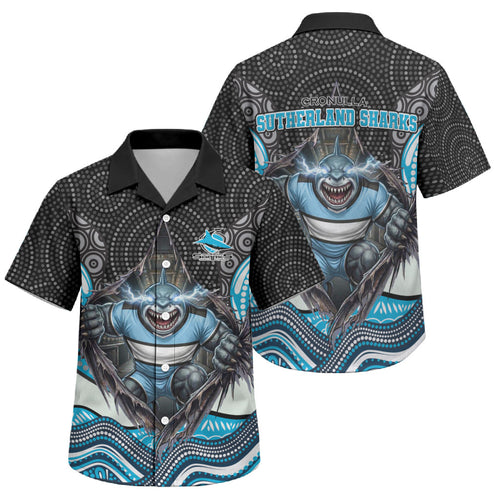 Cronulla Sutherland Sharks Family Matching Tank Maxi Dress and Hawaiian Shirt The Scream of Lightning Eyes - Indigenous Dot Ripping Effect