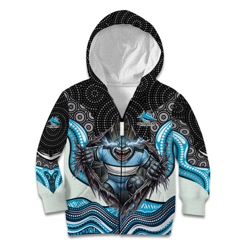 Cronulla Sutherland Sharks Kid Hoodie The Scream of Lightning Eyes - Indigenous Dot Ripping Effect
