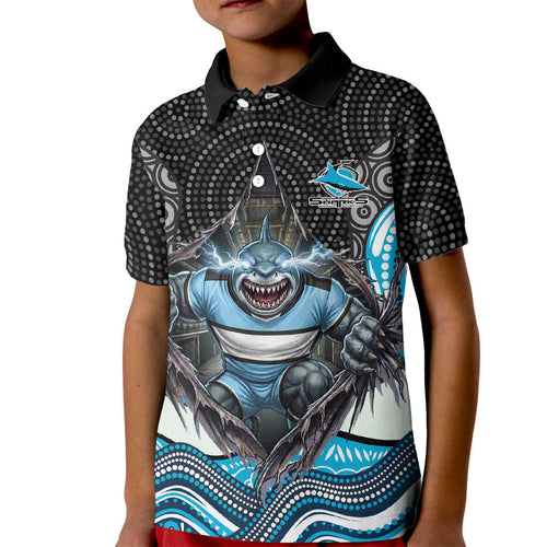 Cronulla Sutherland Sharks Kid Polo Shirt The Scream of Lightning Eyes - Indigenous Dot Ripping Effect