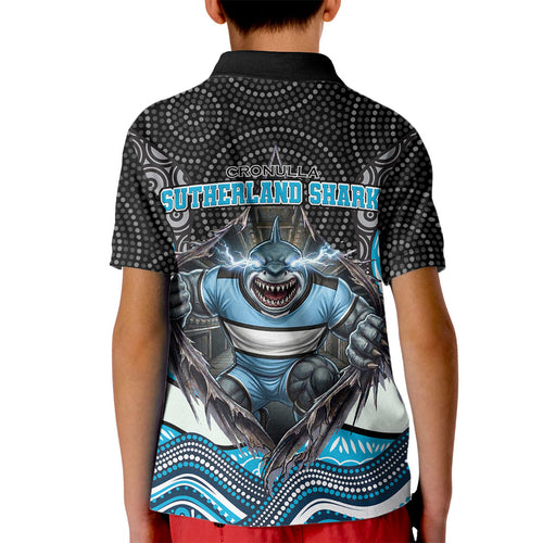 Cronulla Sutherland Sharks Kid Polo Shirt The Scream of Lightning Eyes - Indigenous Dot Ripping Effect