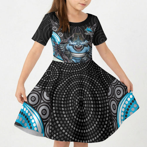 Cronulla Sutherland Sharks Kid Short Sleeve Dress The Scream of Lightning Eyes - Indigenous Dot Ripping Effect