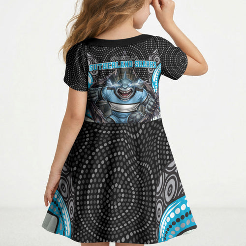 Cronulla Sutherland Sharks Kid Short Sleeve Dress The Scream of Lightning Eyes - Indigenous Dot Ripping Effect